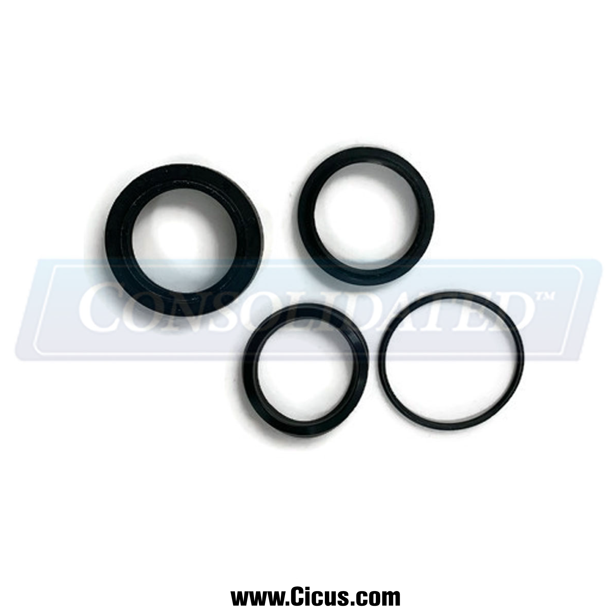 Industrial black rubber seal set for commercial laundry machines, varying sizes, Milnor Rod Seal Kit 1" Vickers - VP Model [27C700AR08], with the 'CONSOLIDATED™' brand watermark, available at www.www.shopconsolidated.com.